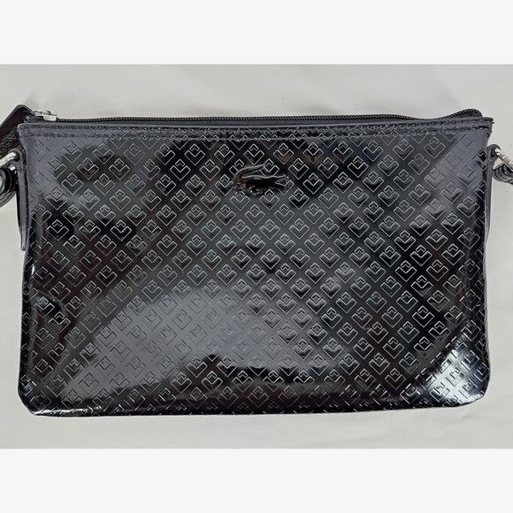 LACOSTE Black Patent Leather Crossbody/Shoulder Purse - Embossed Pattern - Picture 2 of 16